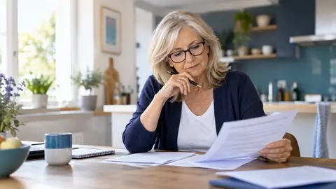 Une femme relit son contrat d'assurance décès à sa table de cuisine