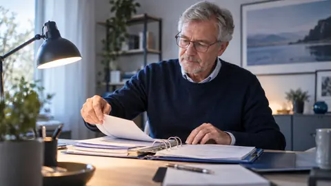 Un homme classe des documents d'assurance dans un classeur