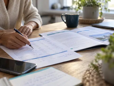 Un relevé bancaire annoté à côté d'un contrat d'assurance