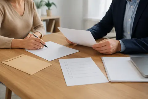 Personne préparant une lettre de réclamation d’assurance avec un conseiller