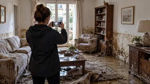 Personne photographiant les dommages dans un salon touché par une inondation