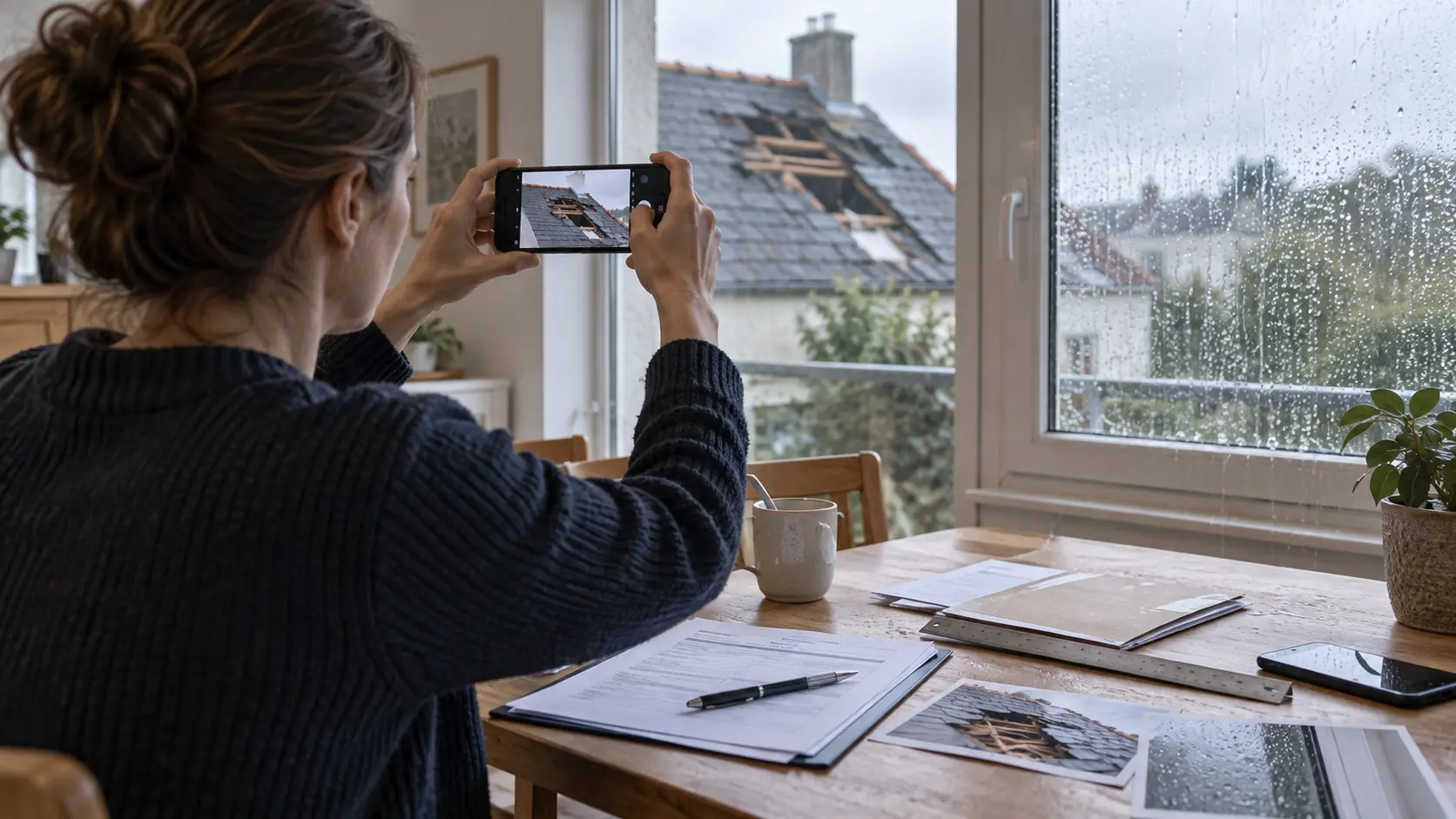 propriétaire photographiant les dégâts d’une tempête depuis l’intérieur du logement