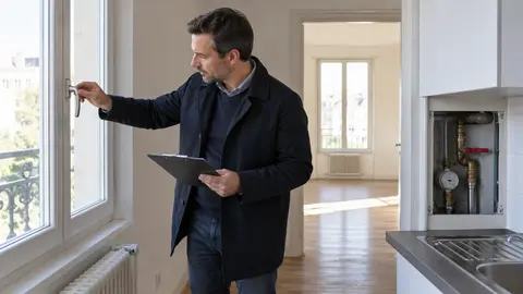 Propriétaire vérifiant les fenêtres et les arrivées d’eau d’un logement vacant