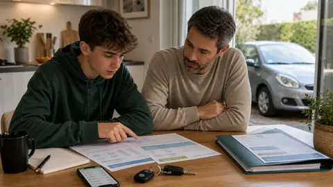 Jeune conducteur et parent comparant une assurance auto à domicile