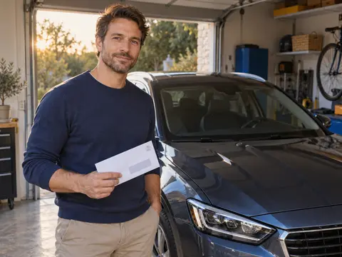 Propriétaire debout à côté de sa voiture stationnée avec une lettre recommandée à la main