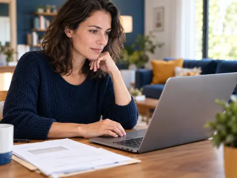 Personne consultant en ligne son dossier d'assurance avec un courrier administratif à côté
