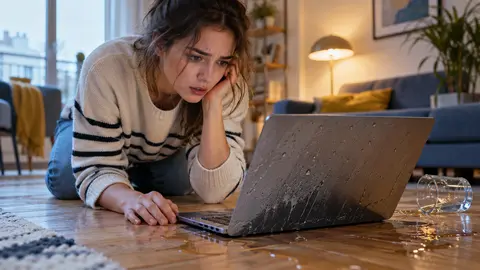 Étudiante constatant les dégâts d'eau sur son ordinateur dans son studio