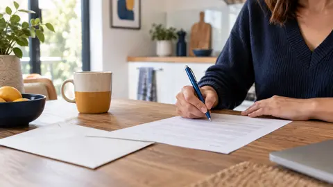 Personne rédigeant une lettre de résiliation d'assurance habitation à sa table