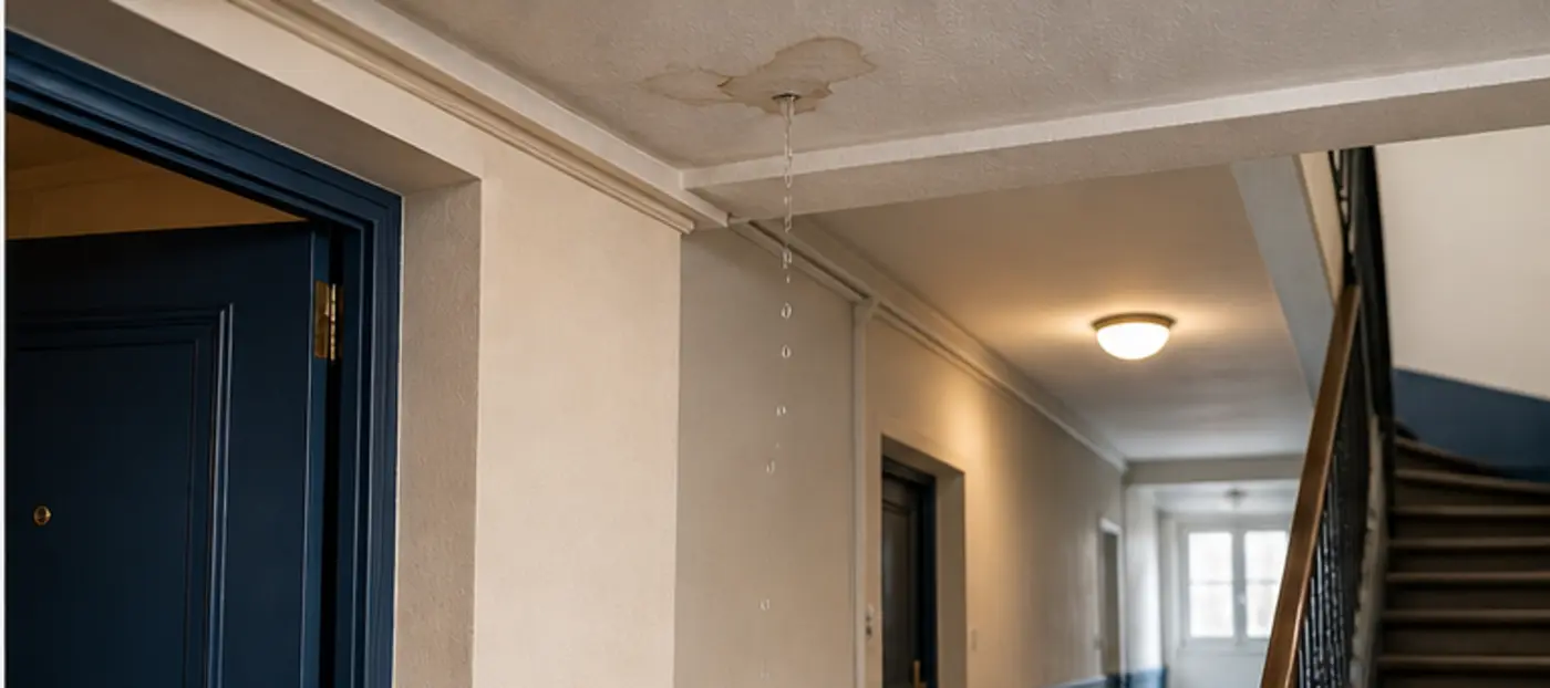 Palier d immeuble en copropriété avec trace de dégât des eaux à surveiller