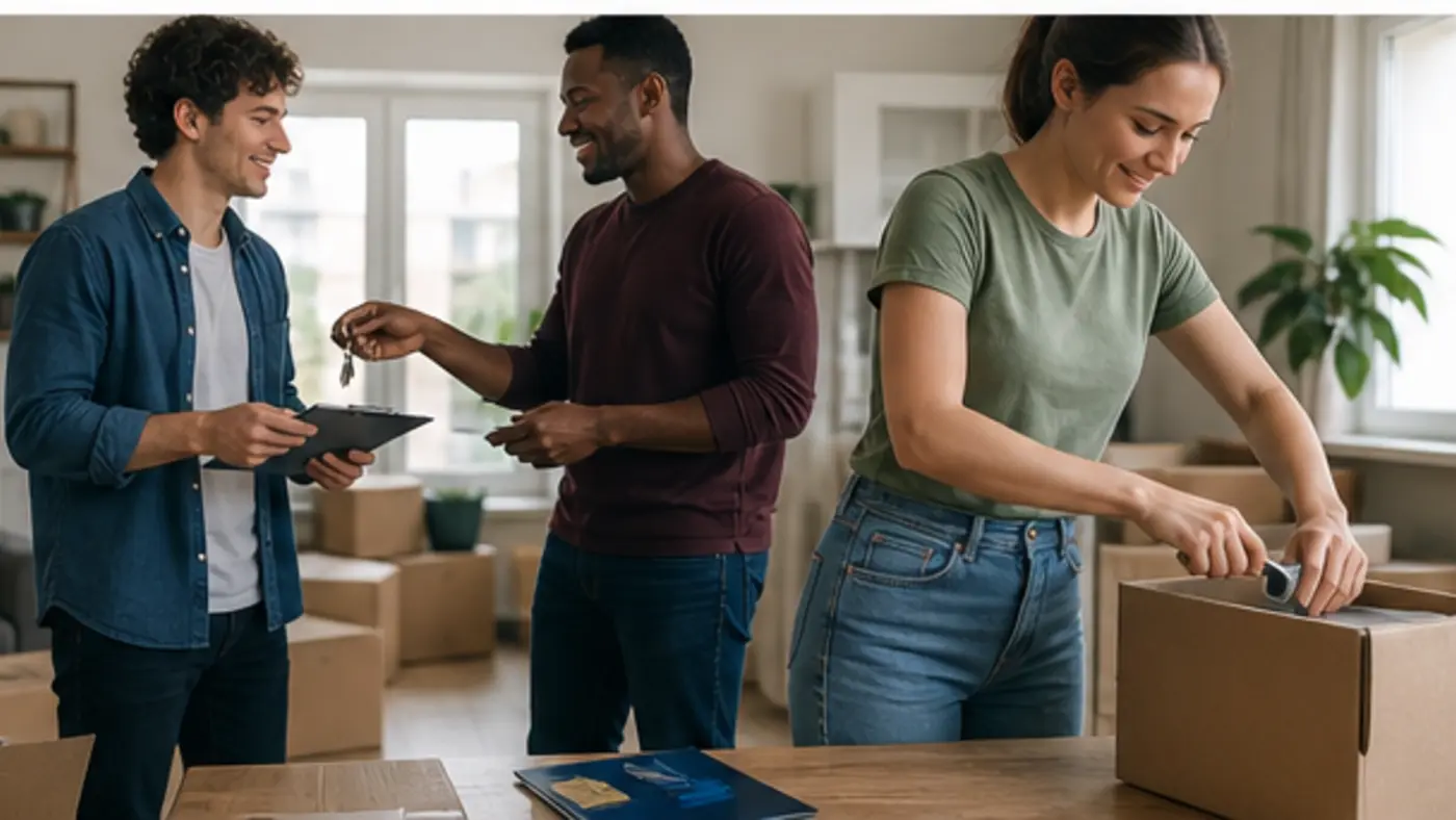 colocataire préparant des cartons pendant que les autres mettent à jour une checklist logement