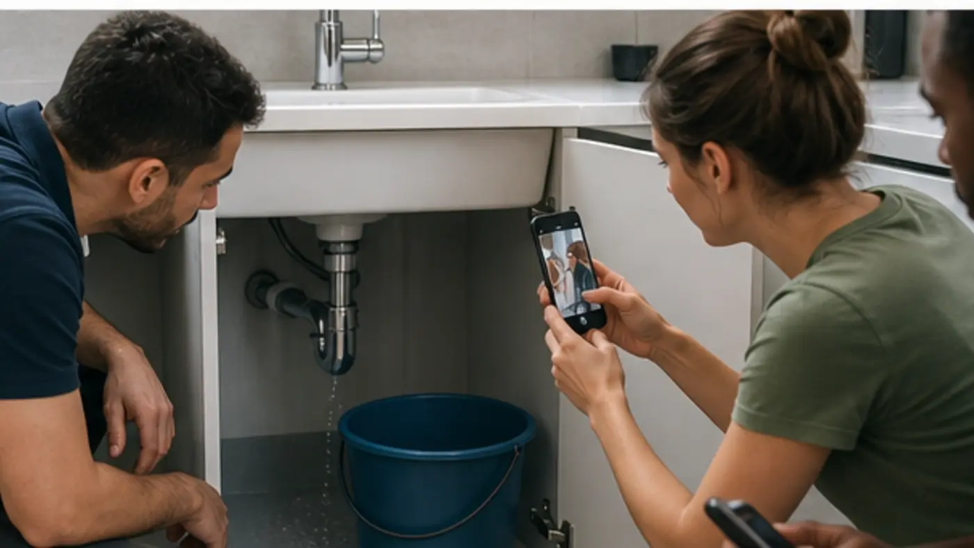 colocataires photographiant une petite fuite sous un évier dans un logement partagé