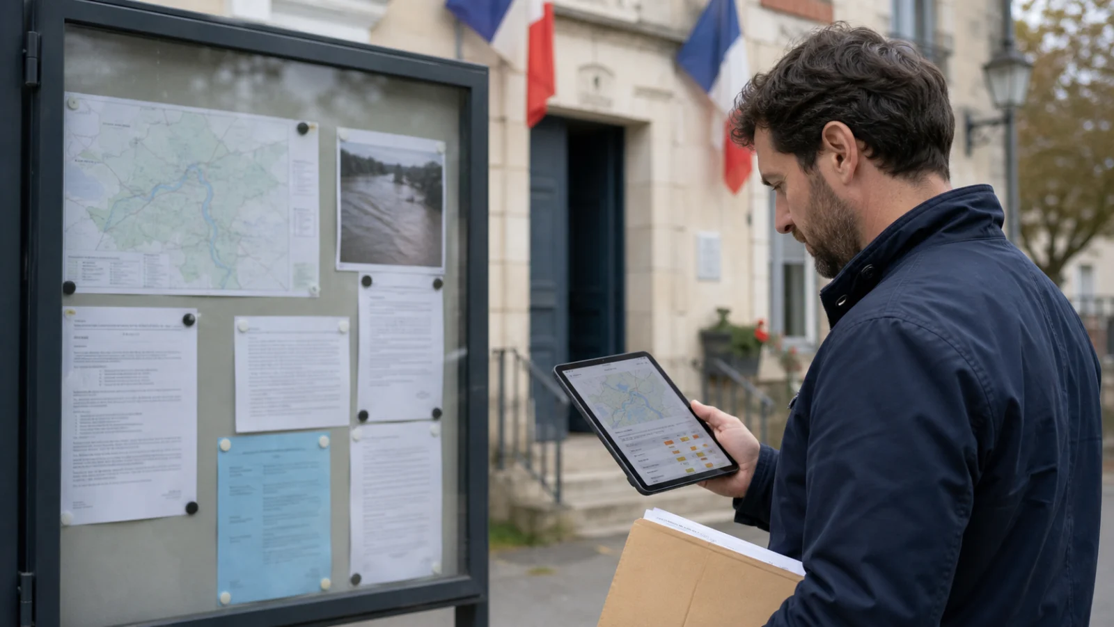 assuré consultant un affichage de mairie et une carte de suivi après inondation