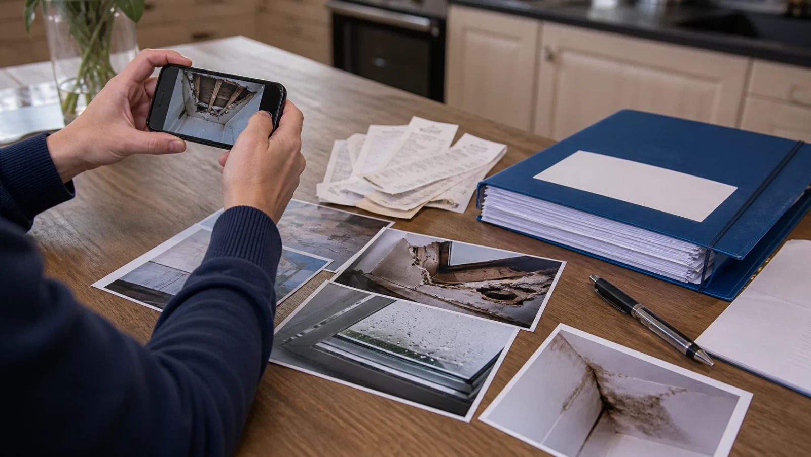 dossier de preuves avec photos de dégâts factures et téléphone pour déclarer un sinistre