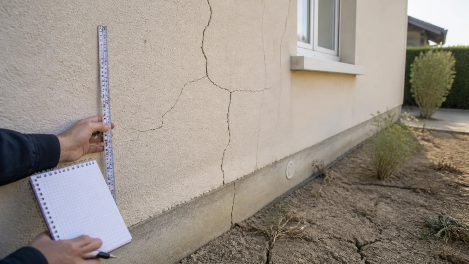mur de maison fissuré après sécheresse avec mesure et carnet de constat