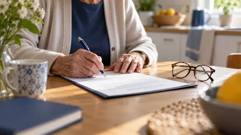 Personne de 82 ans signant un contrat de mutuelle à sa table