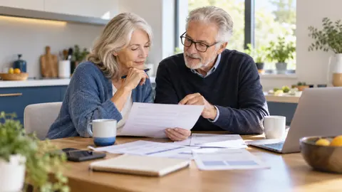 Couple senior comparant des documents de mutuelle dans sa cuisine