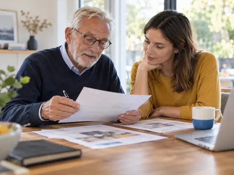 Senior et son enfant comparant des devis de mutuelle