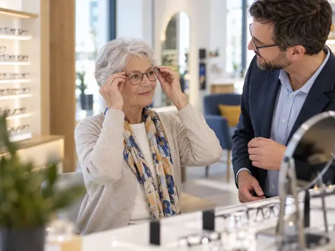 Personne senior essayant des lunettes chez un opticien