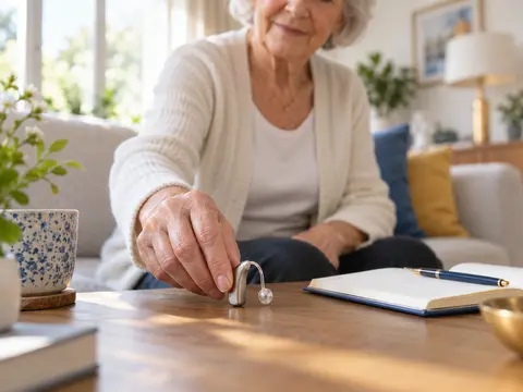 Personne âgée posant un appareil auditif sur une table
