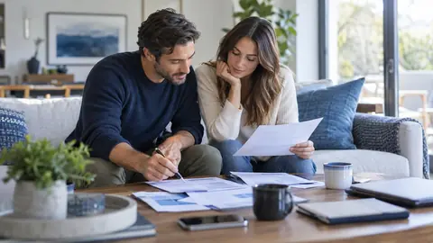 Couple examinant les documents de son assurance emprunteur