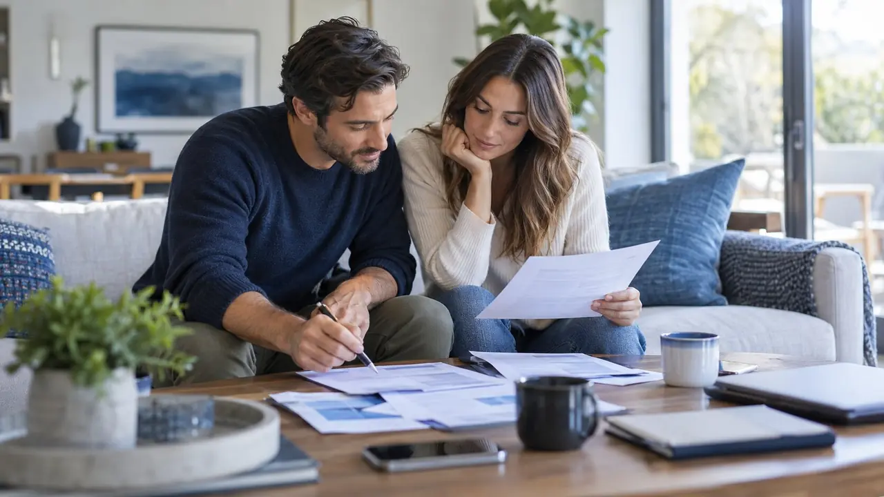 Couple examinant les documents de son assurance emprunteur