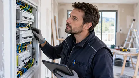 Artisan électricien travaillant sur un tableau électrique