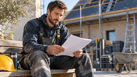 Artisan couvreur lisant un document de sinistralité
