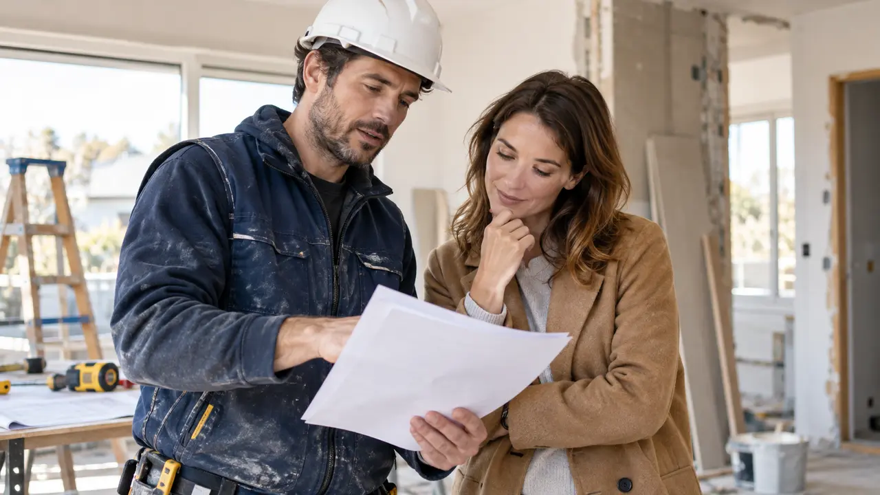Artisan et client examinant une attestation d'assurance décennale sur un chantier