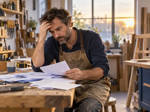 Artisan indépendant en arrêt de travail consultant ses factures dans son atelier