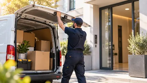 Artisan chargeant des cartons dans une camionnette devant un immeuble