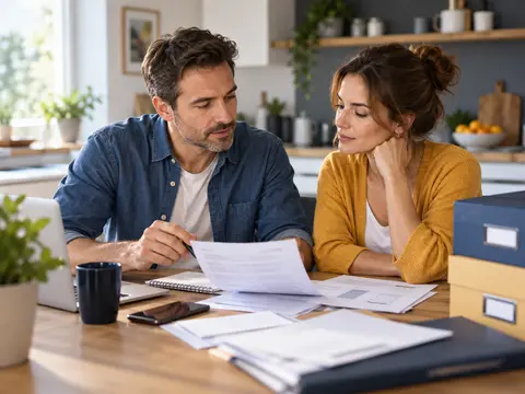 Couple examinant des documents financiers à la maison