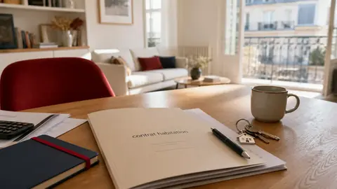 Dossier de contrat habitation posé dans un appartement lumineux avec clés et stylo