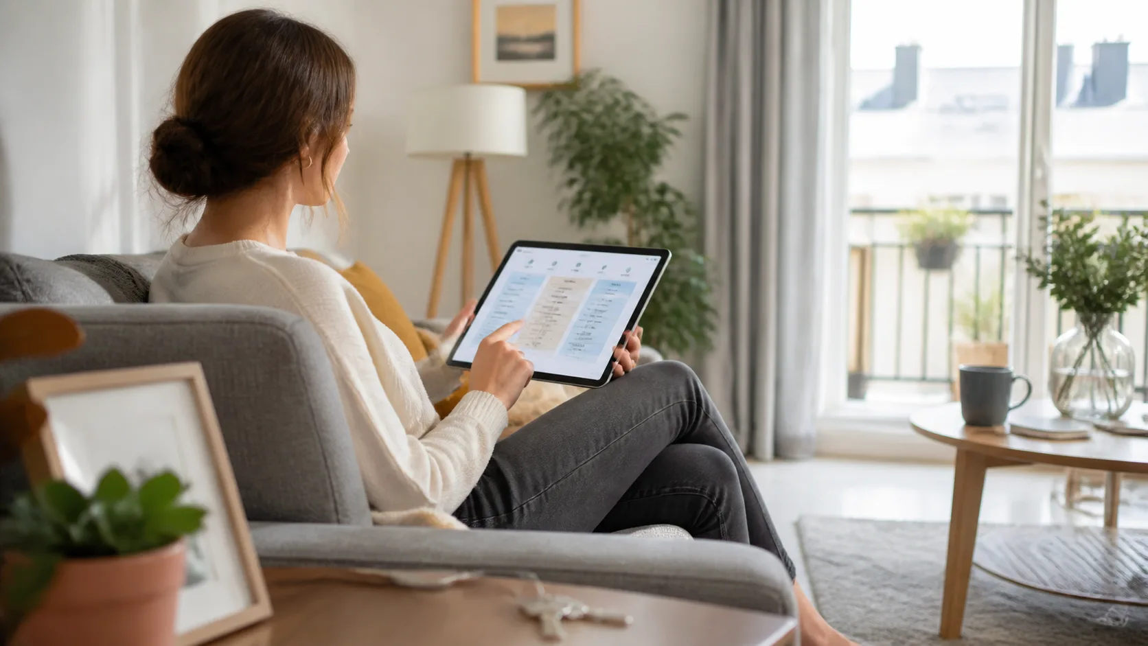 Personne comparant un devis d’assurance habitation dans un salon lumineux
