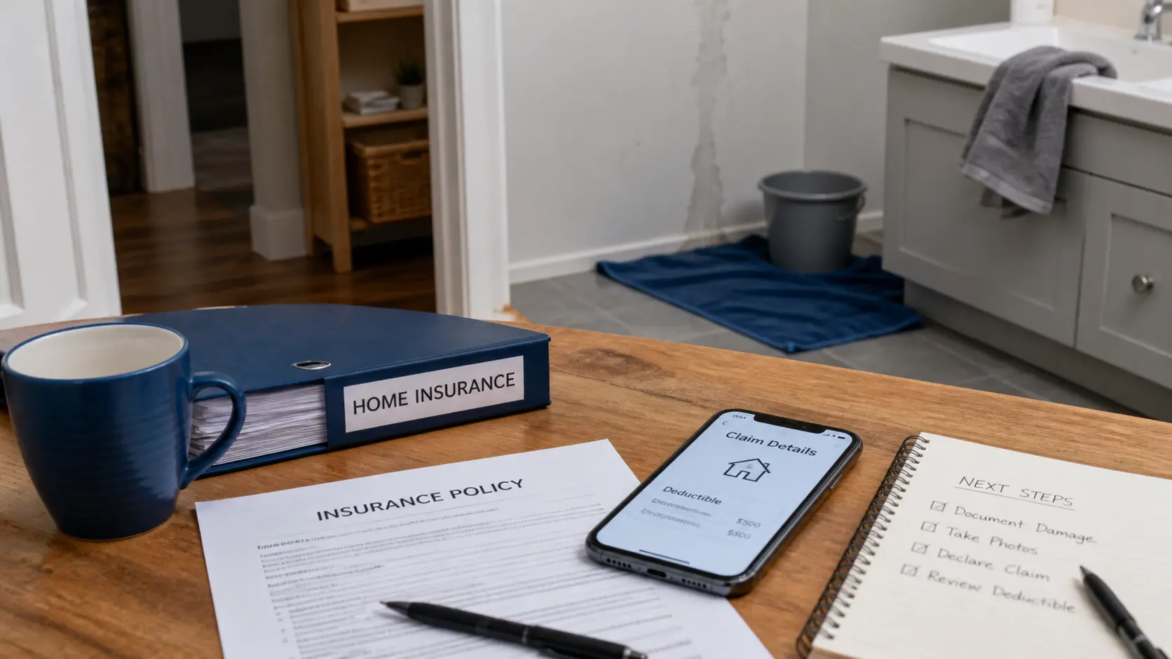 Dossier assurance habitation et téléphone devant un dégât des eaux mineur