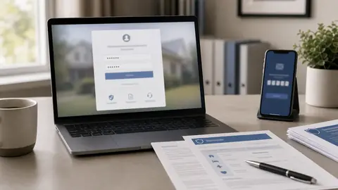Ordinateur affichant une page de connexion assurance floutée
