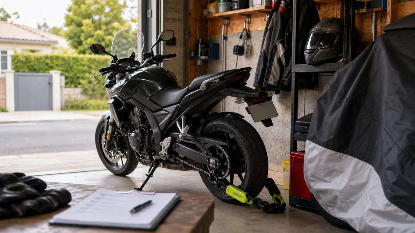 Moto protégée par antivol dans un stationnement sécurisé