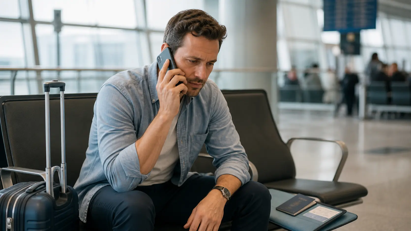 voyageur appelant une assistance assurance depuis un aéroport