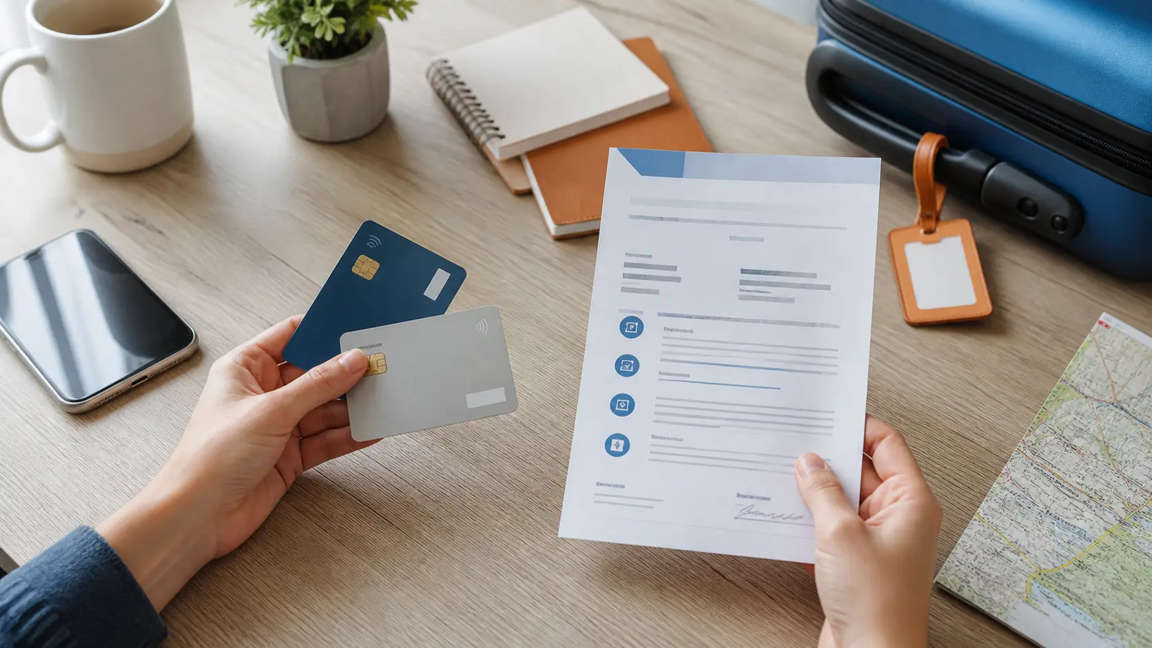 voyageurs comparant les notices de carte et de contrat dédié