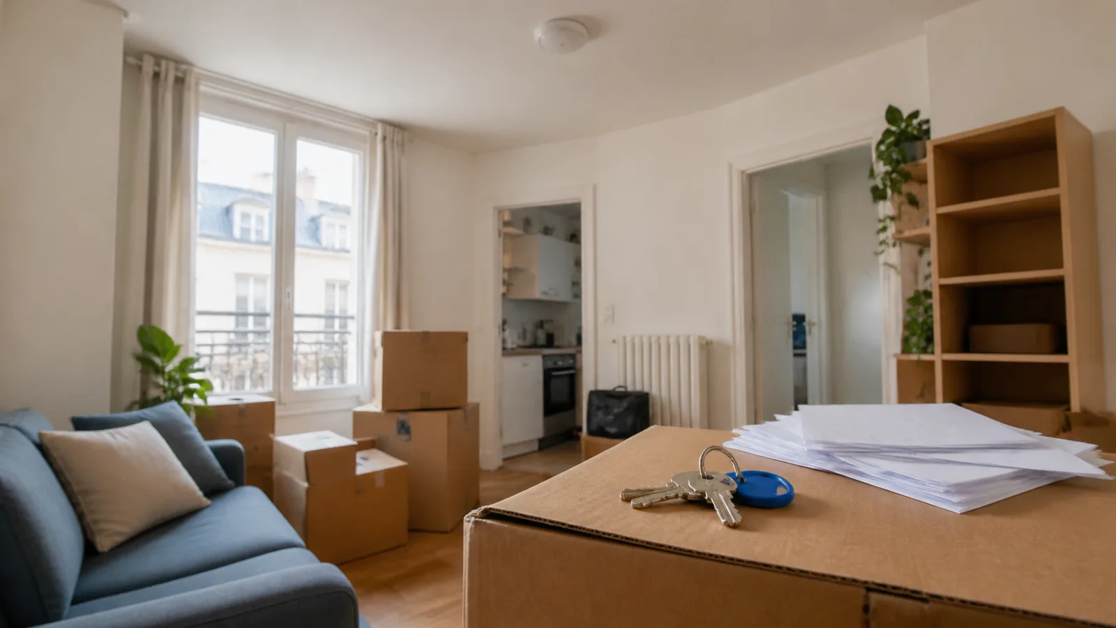 appartement en emménagement avec clés et cartons pour une assurance locataire