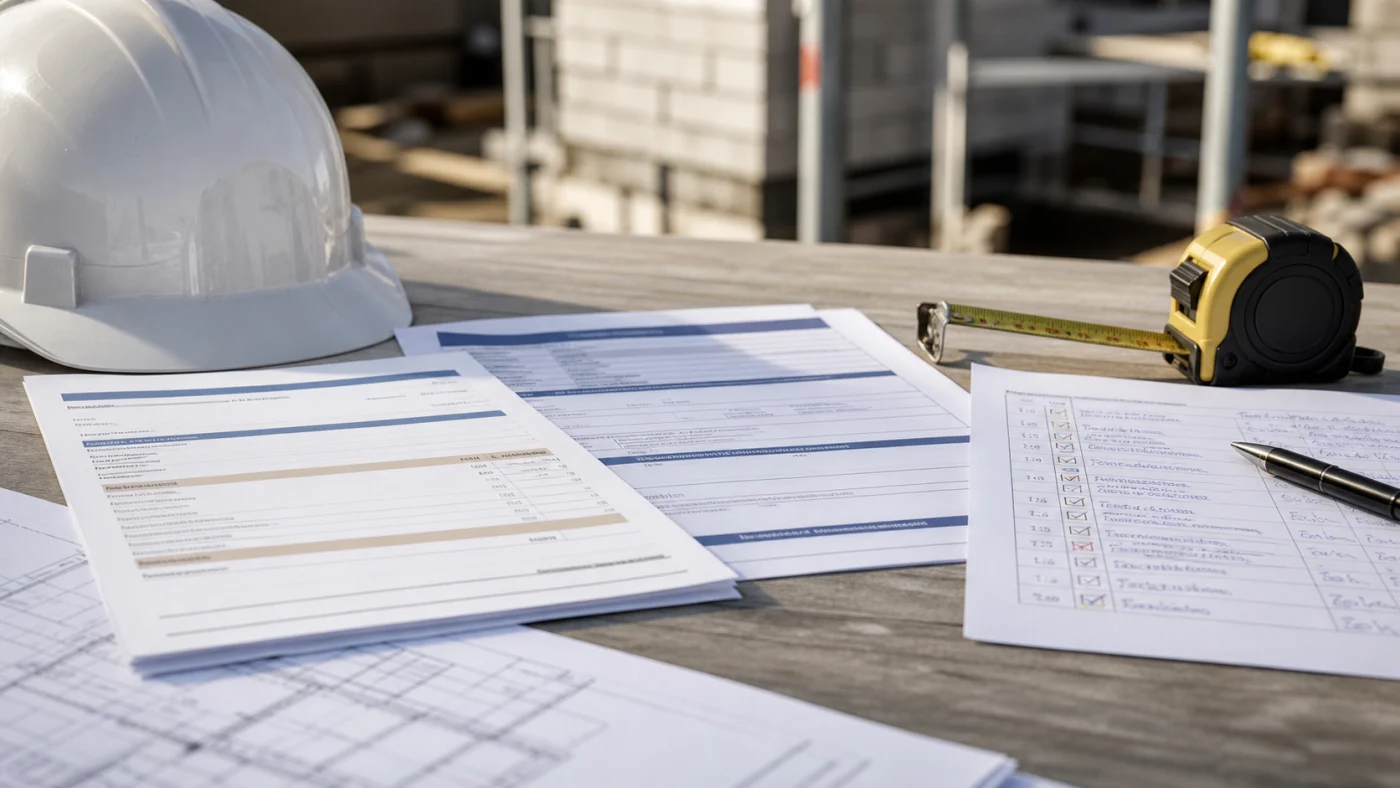 Checklist de devis et attestation décennale avec casque et plans de chantier