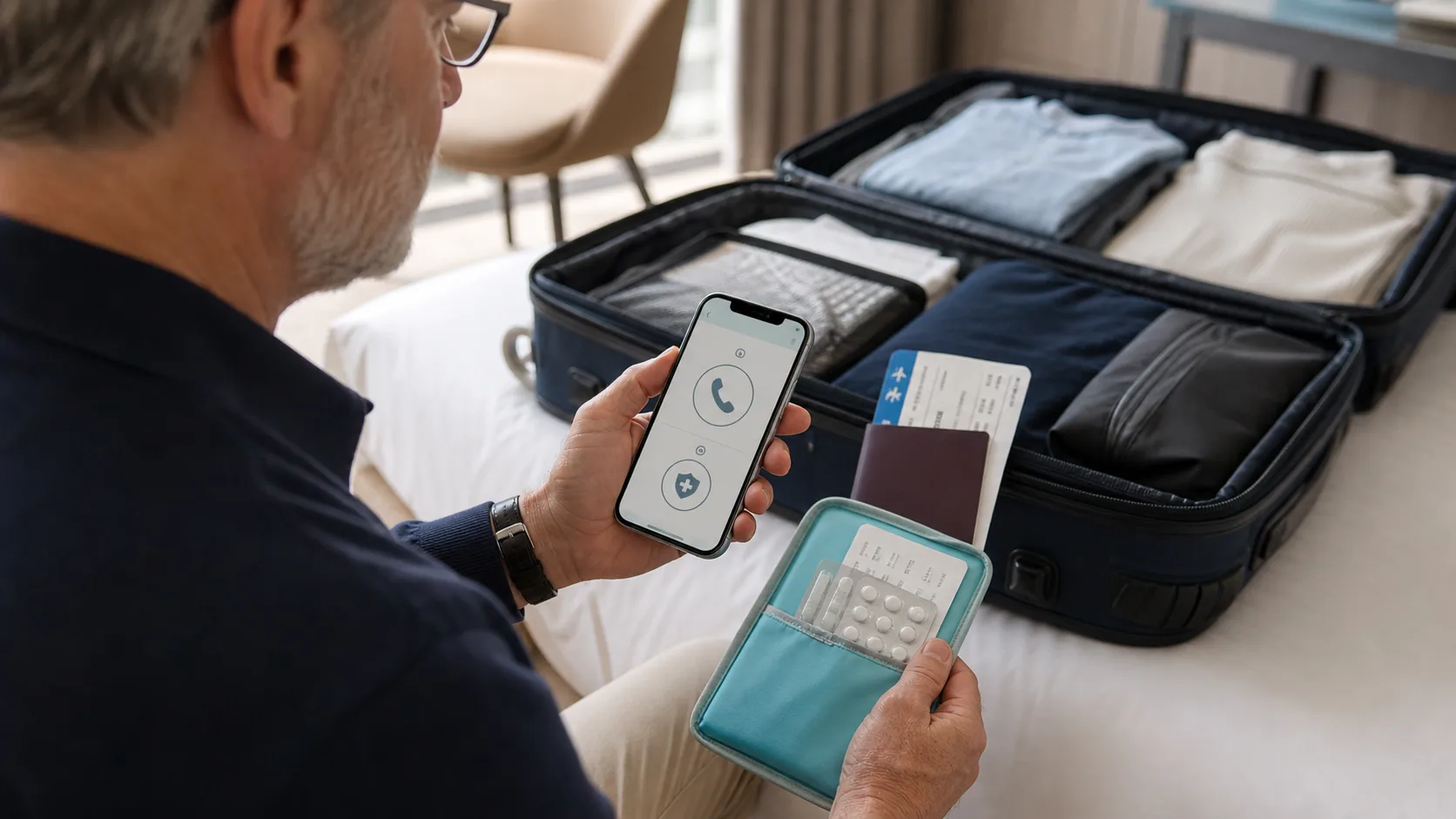 Voyageur vérifiant les informations d'assistance médicale avant son départ