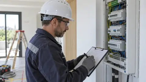Électricien inspectant un tableau électrique avec une checklist