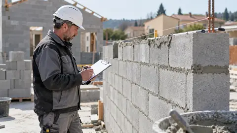Maçon inspectant un mur avec une feuille de contrôle