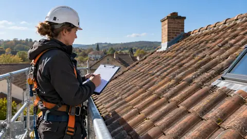 Couvreur inspectant une toiture avec une feuille de contrôle