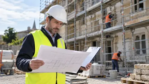 Maître d’œuvre inspectant un chantier avec une feuille de contrôle