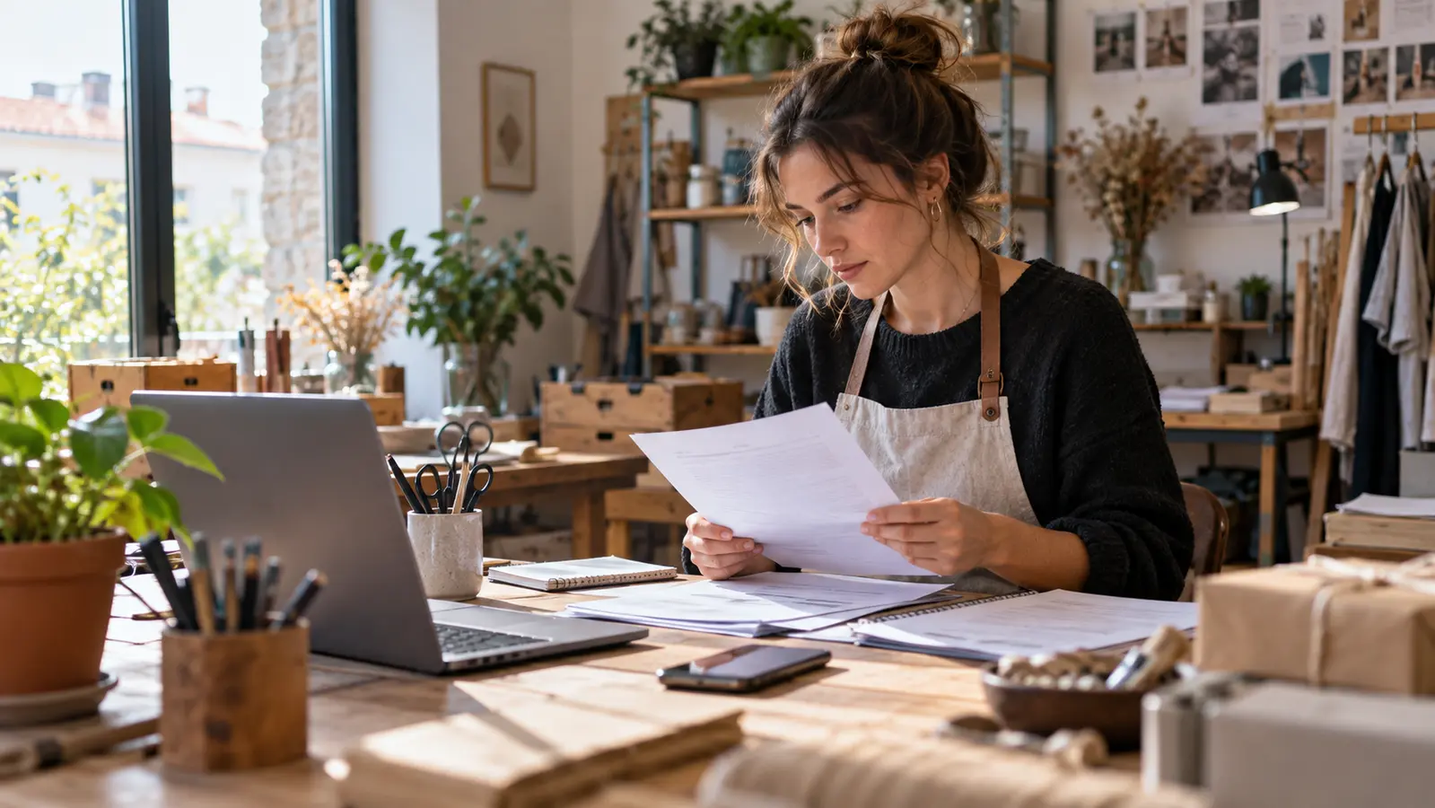 Micro-entrepreneur examinant des documents d’assurance professionnelle