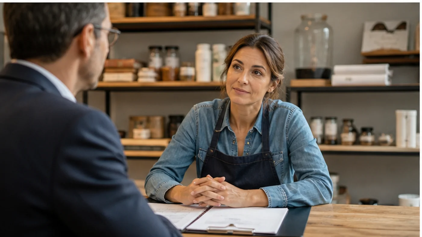 commerçante échangeant avec un conseiller sur la continuité de garantie