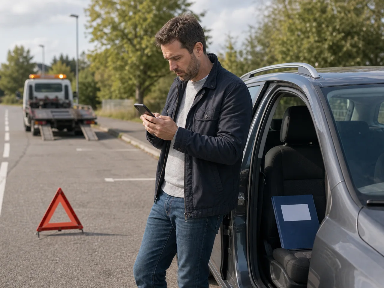 Conducteur demandant une assistance depannage apres une panne sur route