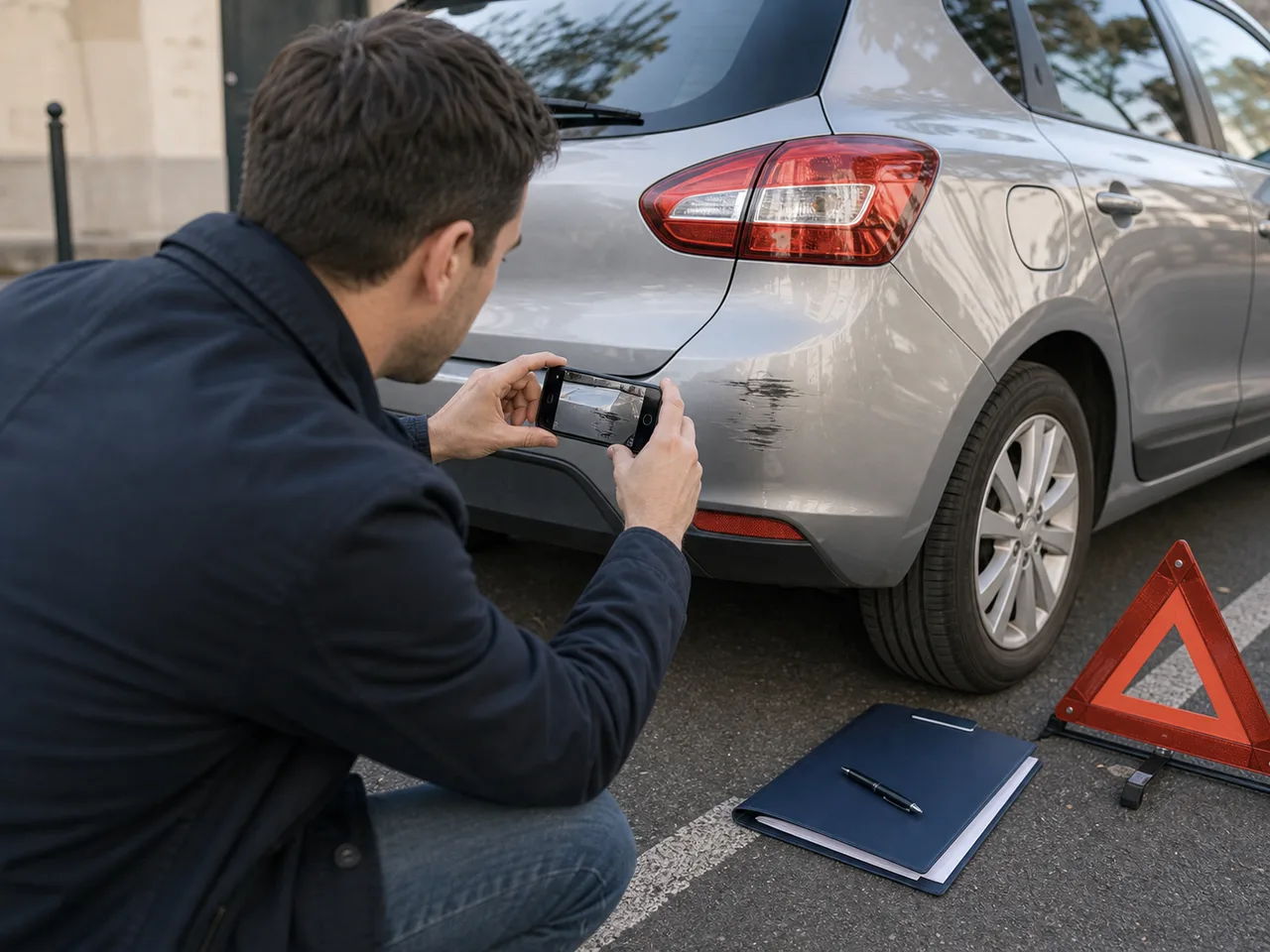 Conducteur photographiant une rayure sur une voiture après un petit sinistre