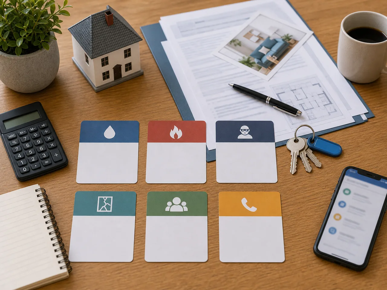 Cartes de garanties habitation, clés et calculatrice sur une table